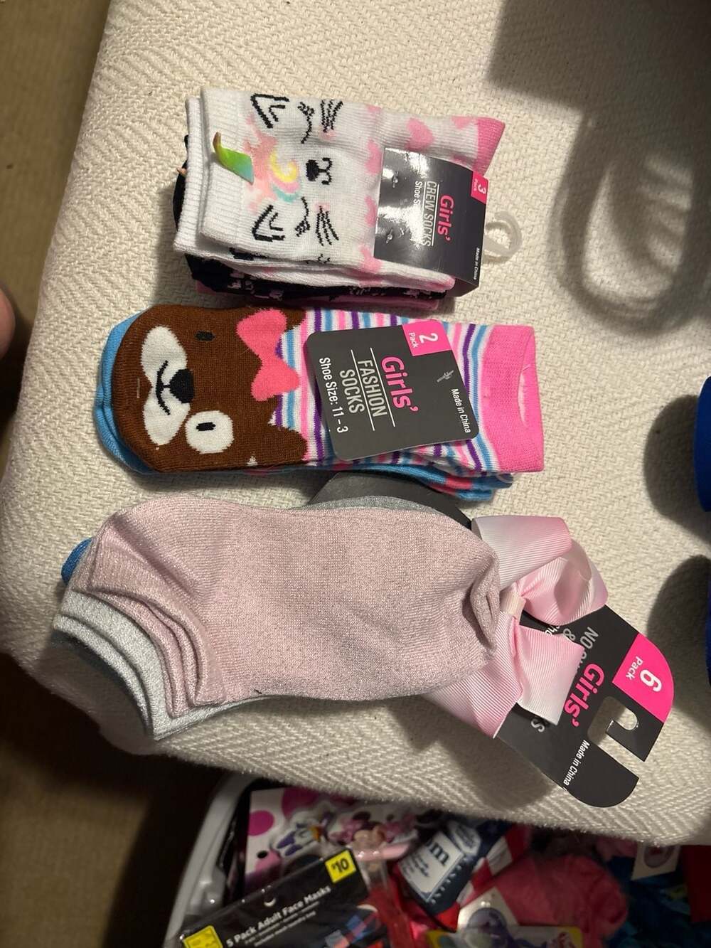 Girls' Socks Lot of 11 Pairs: Crew, Fashion, No Show with Bow, Sizes 6-4